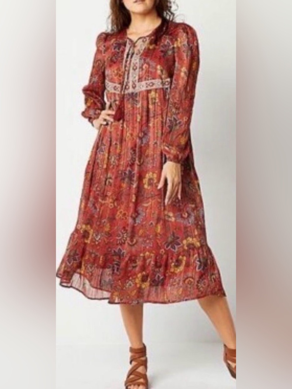NWOT!! FRYE AND CO. Burgundy Floral Long Sleeve Boho Dress Size Medium